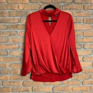 Bold Elements Red Blouse Cutout Mock Neck Long Sleeve‎ Satin Top Womens Size S
